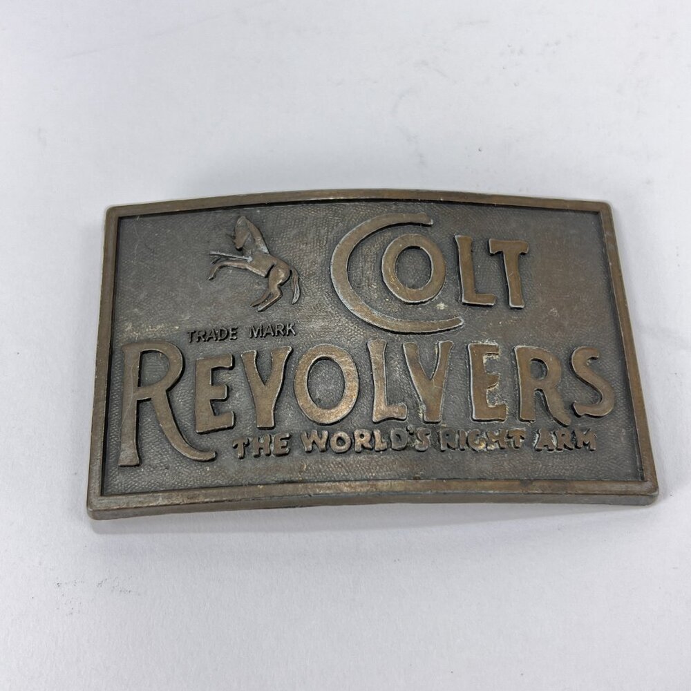 Vtg Colt Revolver RJ Belt Buckle Metal Bronze Tone Firearm Rifle Horse Stallion